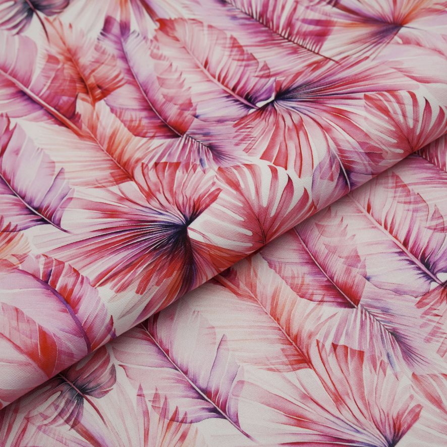 Water resistant cotton canvas with a pink palms print design