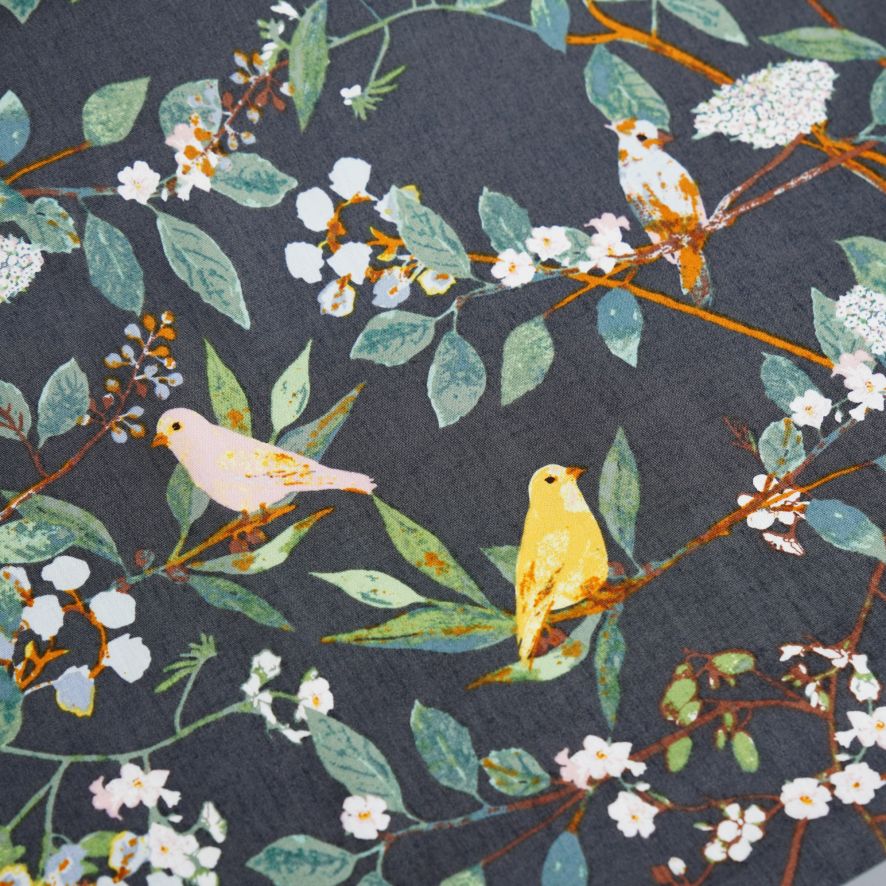 Cotton fabric with leaf and bird print design