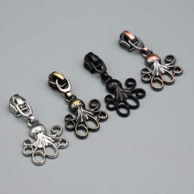Metal octopus zip pulls in various colours