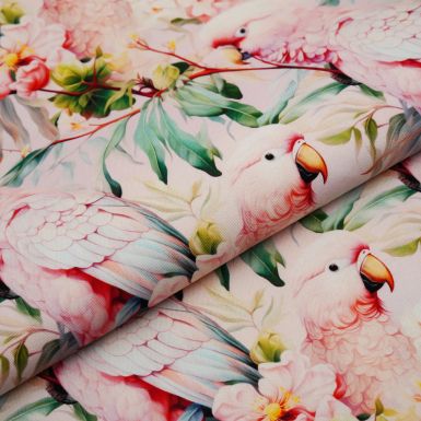 Water resistant cotton canvas with a parrots and flower print